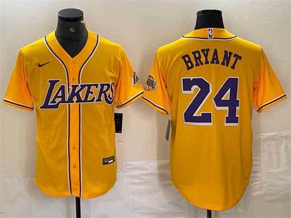 Mens Los Angeles Lakers Front #24 Kobe Bryant Gold Cool Base Stitched Baseball Jersey->->NBA Jersey